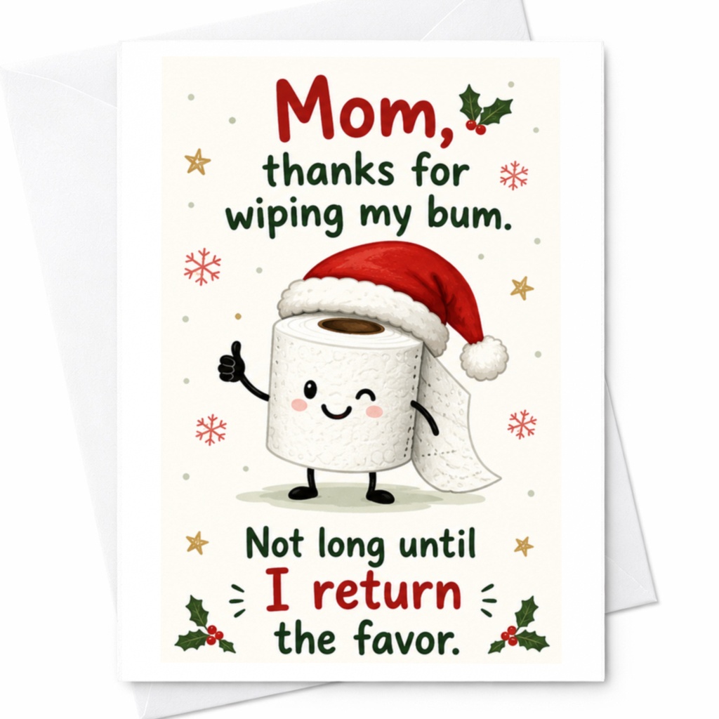 Mom, Thanks For Wiping My Bum. Not Long Until I Return The Favor. Funny Christmas Card For Mom From Kids Cute Holiday C6671