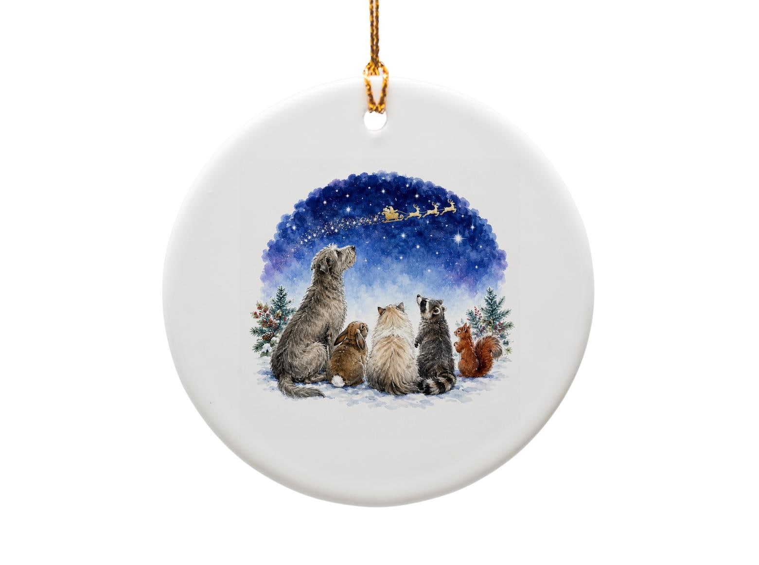 Animals Watching Santa Christmas Ornament Cute Holiday Decor Woodland Creatures Dog Cat Raccoon Rabbit Squirrel Winter Scene O1600