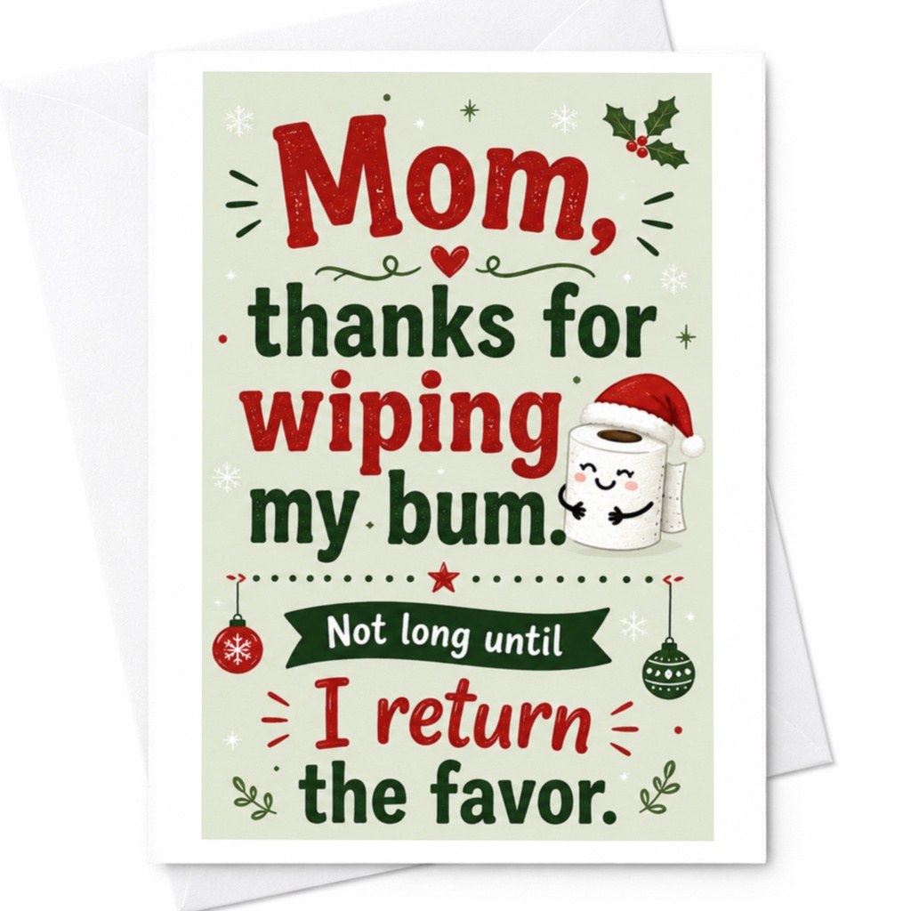 Mom, Thanks For Wiping My Bum. Not Long Until I Return The Favor. Funny Christmas Card For Mom From Kids Cute Holiday C6672