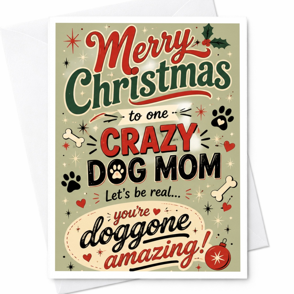Merry Christmas To One Crazy Dog Mom Funny Christmas Card For Dog Lovers Cute Holiday Greeting Card For Pet Owners C6682