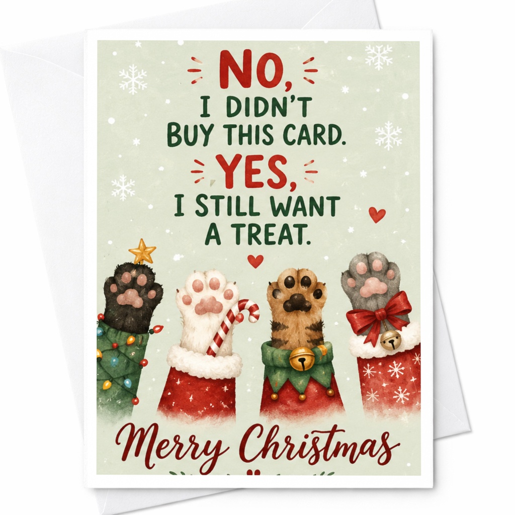 No, I Didn't Buy This Card. Yes, I Still Want A Treat. Merry Christmas Cat Lover Card Cute Holiday Greeting Card For Pet Owners C6688