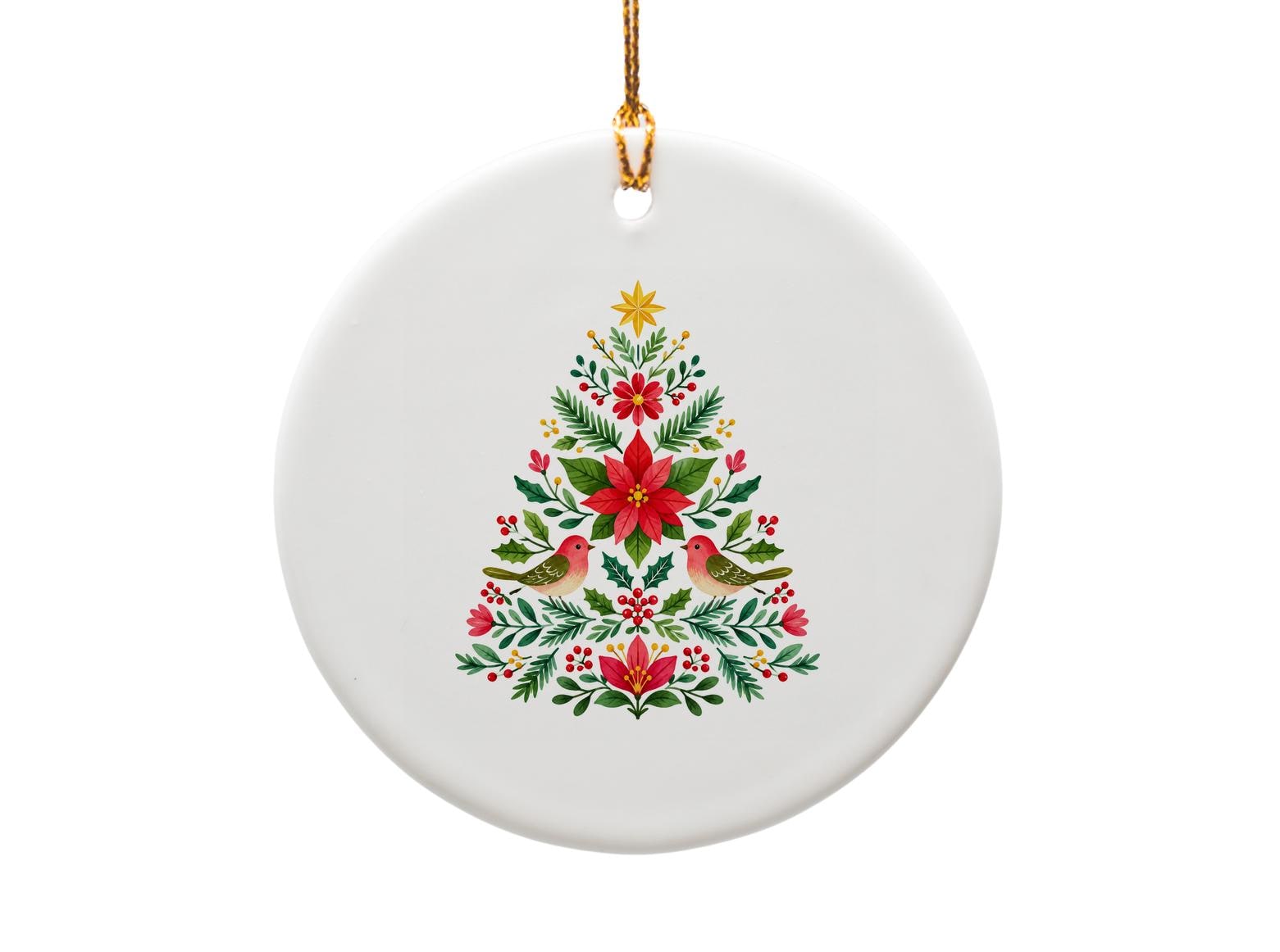 Floral Christmas Tree Ornament With Birds Holiday Decor Festive Poinsettia Seasonal Home Decoration Gift O1583