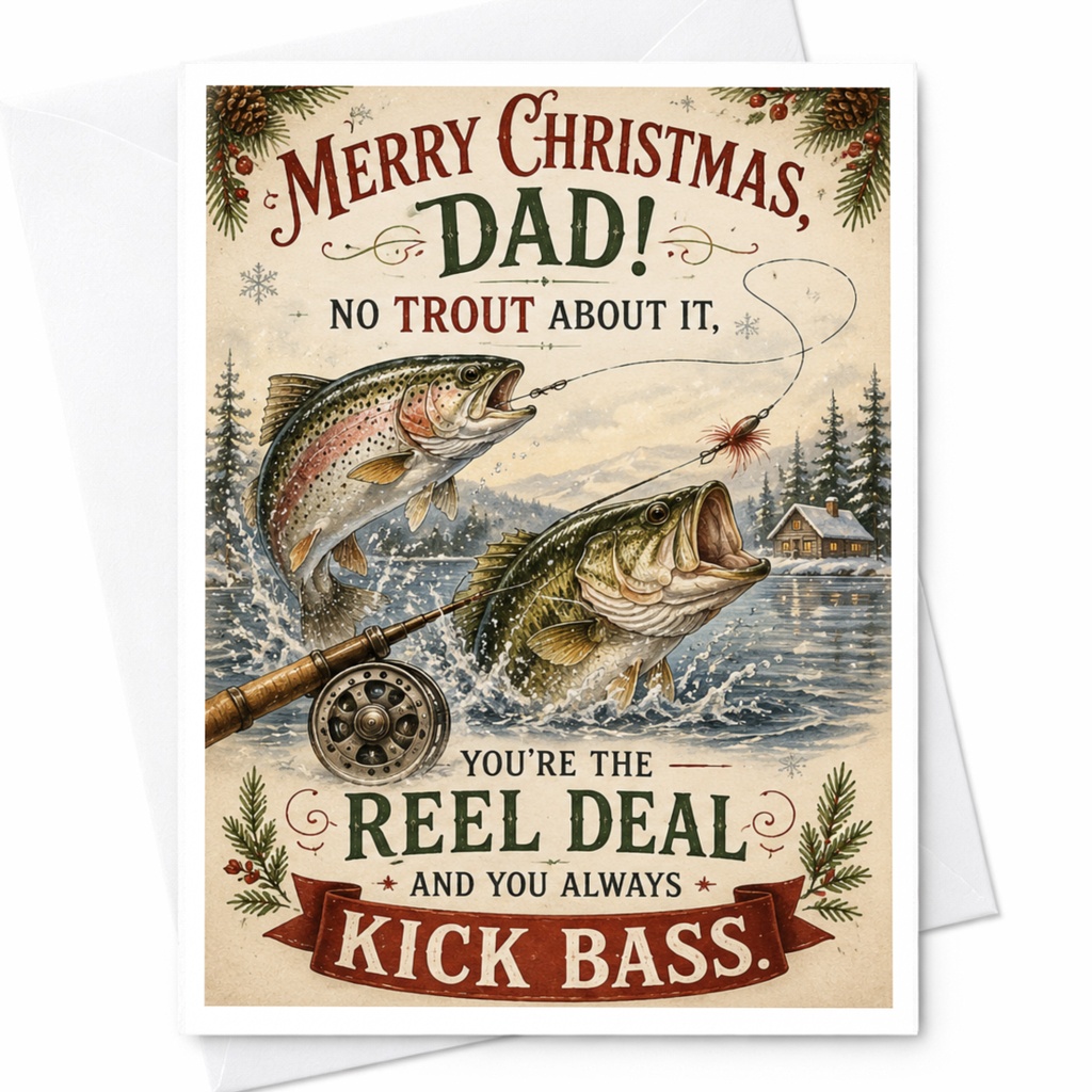 Merry Christmas, Dad! No Trout About It, You're The Reel Deal And You Always Kick Bass Christmas Card For Dad Fishing Theme C6692