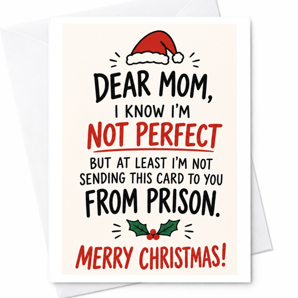 Dear Mom, I Know I'm Not Perfect Funny Christmas Card For Mom From Son Holiday Greeting Card With Santa Hat C6695