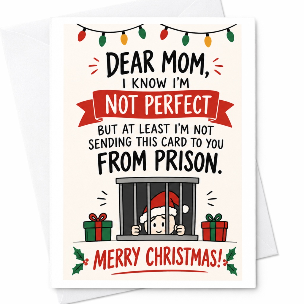 Dear Mom, I Know I'm Not Perfect Funny Christmas Card For Mom From Son Holiday Greeting Card Santa In Jail C6696
