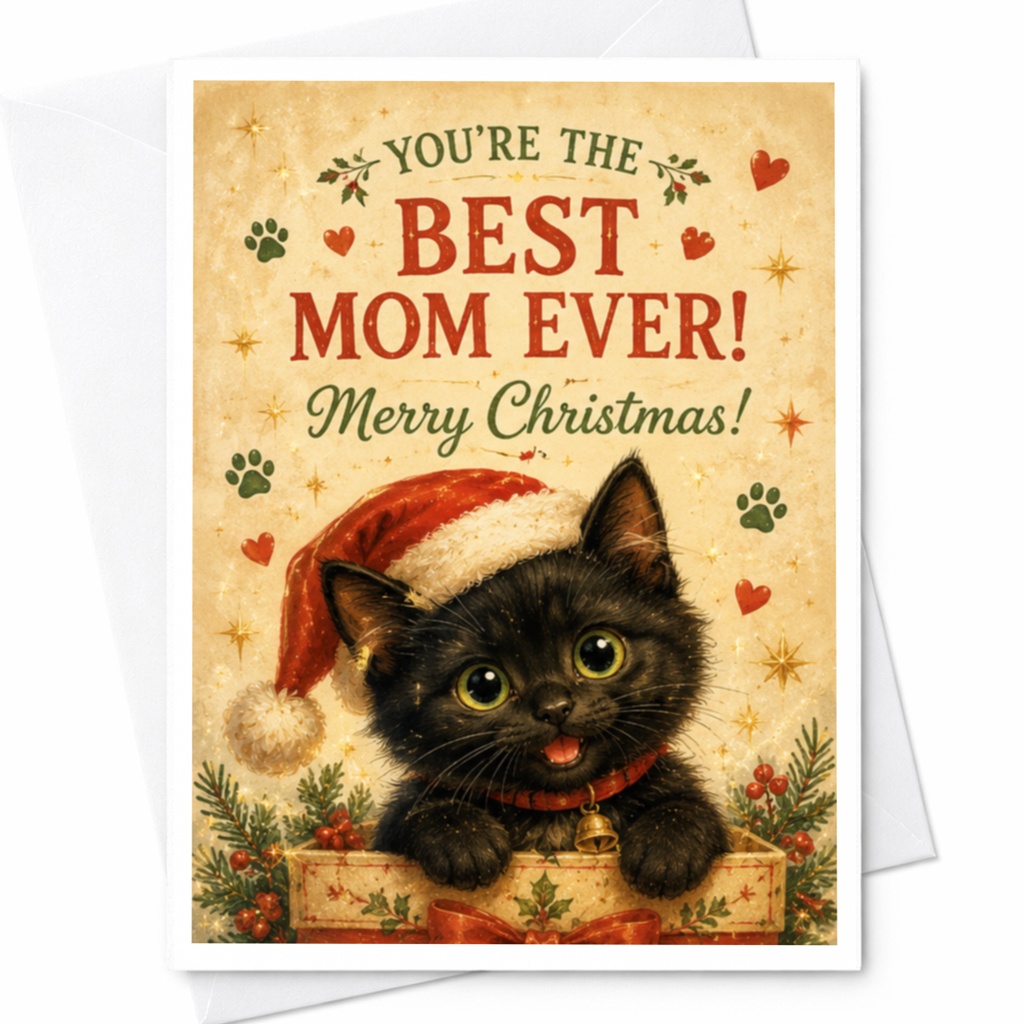 You're The Best Mom Ever! Merry Christmas! Cute Cat Christmas Card For Mom Holiday Greeting Card With Santa Hat Festive C6617