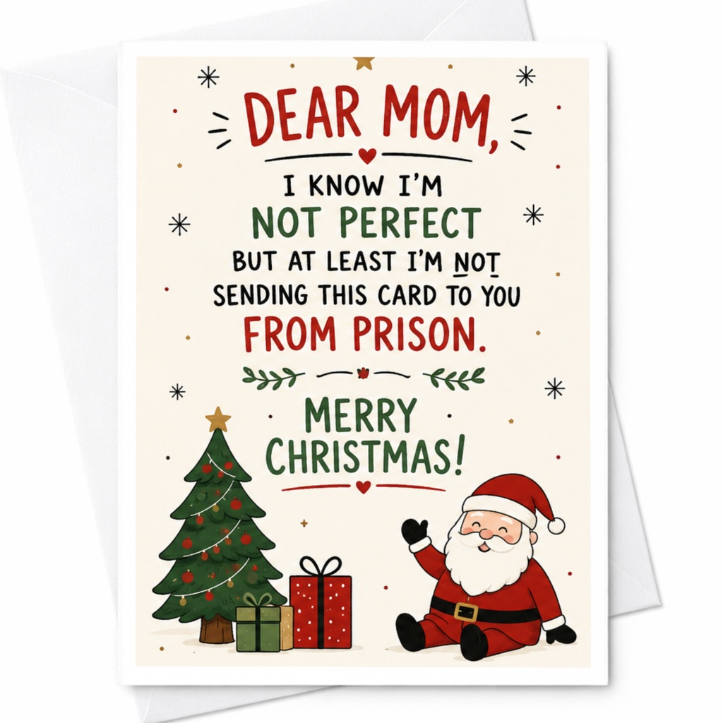 Dear Mom, I Know I'm Not Perfect Funny Christmas Card For Mom Santa Tree Holiday From Son Daughter C6698