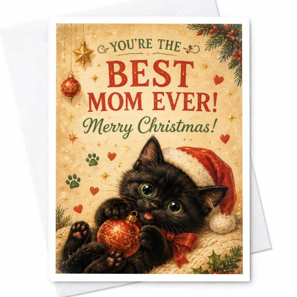 You're The Best Mom Ever! Merry Christmas! Cute Kitten Christmas Card For Mom Holiday Greeting Card Cat Lover Festive Card C6618