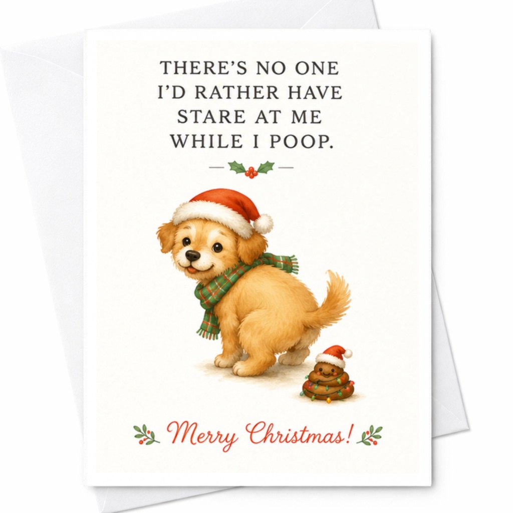 There's No One I'd Rather Have Stare At Me While I Poop Merry Christmas Card Funny Dog Holiday Card Cute Puppy Xmas Card C6702