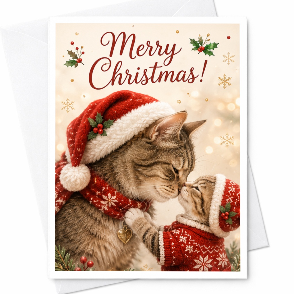 Merry Christmas! Cute Cat Christmas Card Festive Holiday Greeting Card For Cat Lover Adorable Cats In Santa Hats C6619