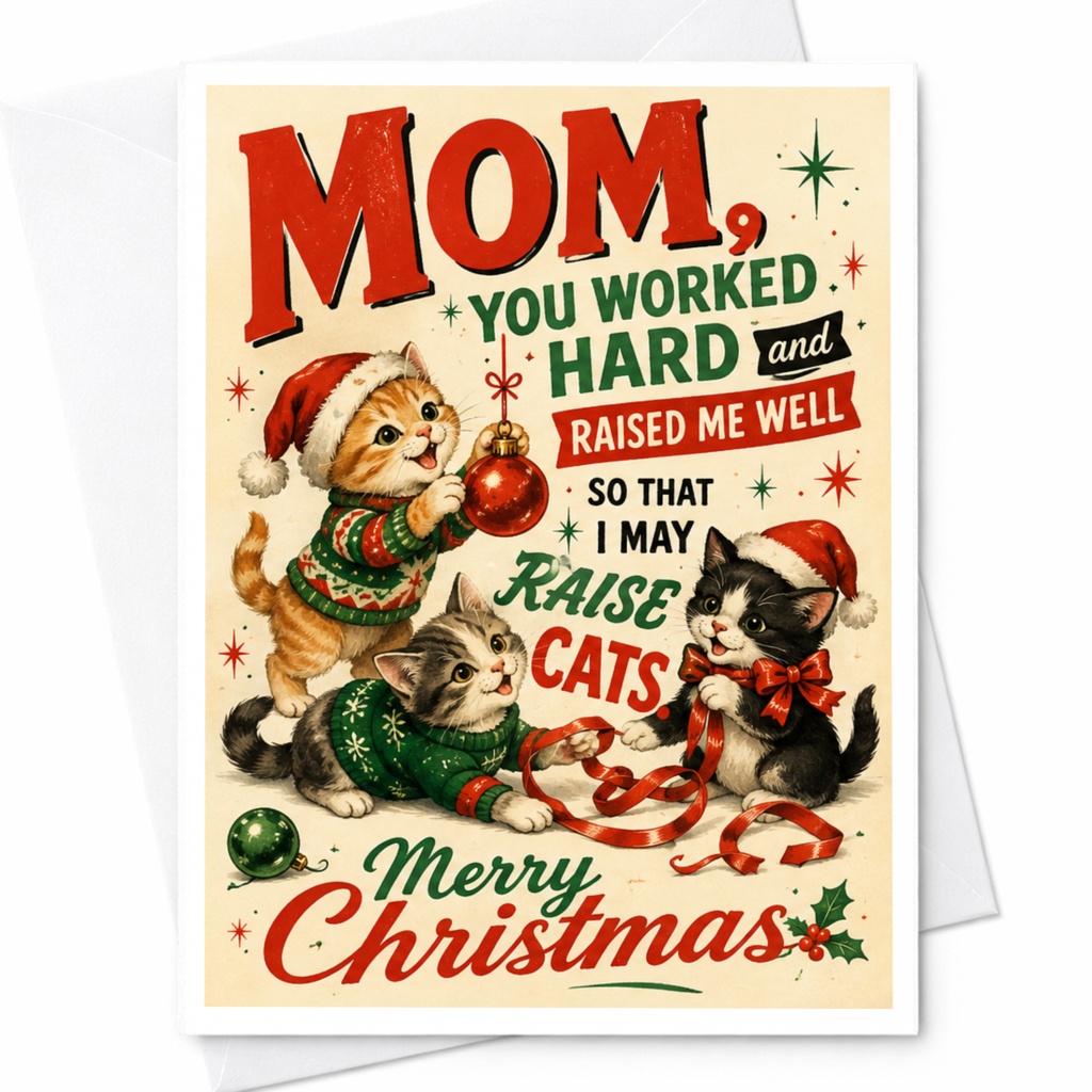 Mom, You Worked Hard And Raised Me Well So That I May Raise Cats Merry Christmas Card For Mom Cat Lover Cute Holiday Card C6704