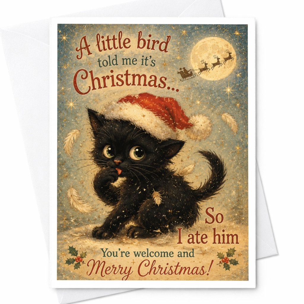 A Little Bird Told Me It's Christmas Funny Cat Christmas Card Cute Santa Hat Kitty Holiday Greeting Card For Cat Lover C6622