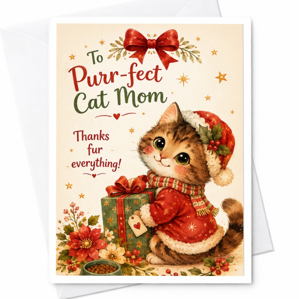 To Purr-Fect Cat Mom Thanks Fur Everything! Christmas Card Cute Cat Lover Holiday Greeting Card For Cat Mom Festive C6626