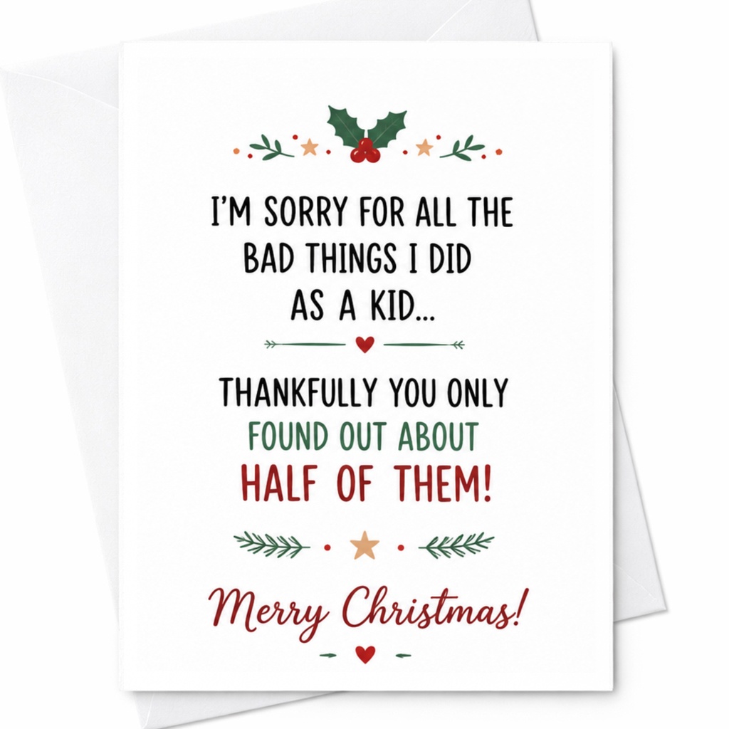 I'm Sorry For All The Bad Things I Did As A Kid Funny Christmas Card Apology Holiday Card For Parents From Kids Xmas Card C6631