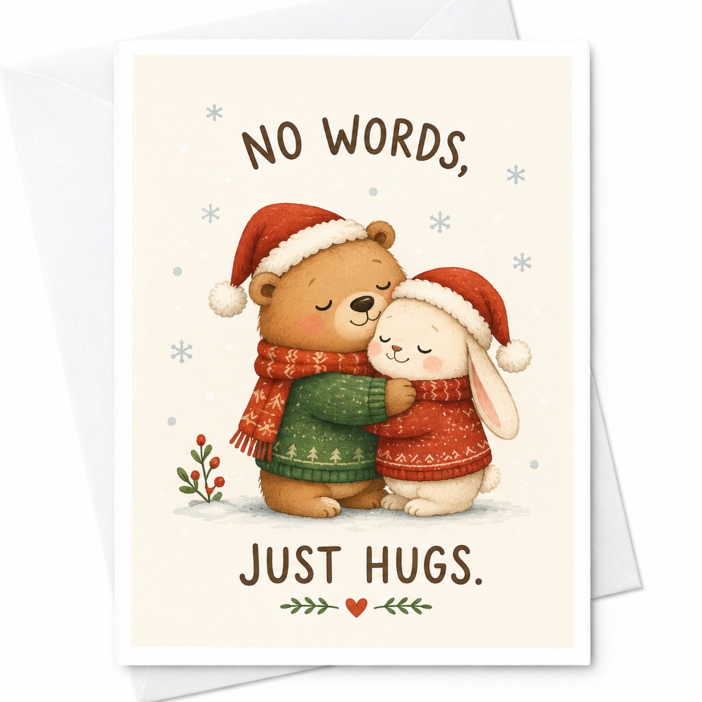 No Words, Just Hugs. Christmas Card Cute Bear Rabbit Holiday Greeting Card For Friend Family Cozy Winter Scene C6706