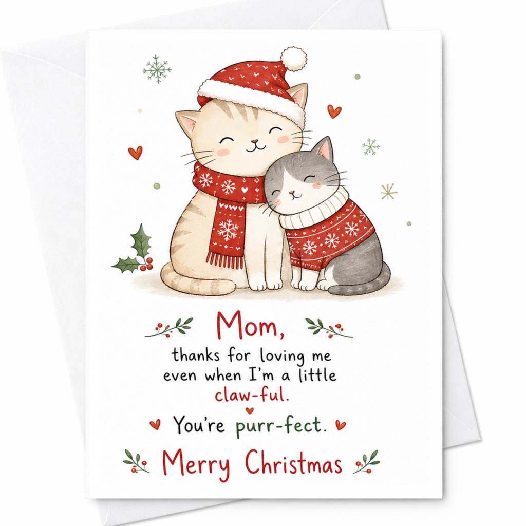 Mom, Thanks For Loving Me Even When I’m A Little Claw-Ful. You’re Purr-Fect. Merry Christmas Cute Cat Christmas Card For Mom From C6634