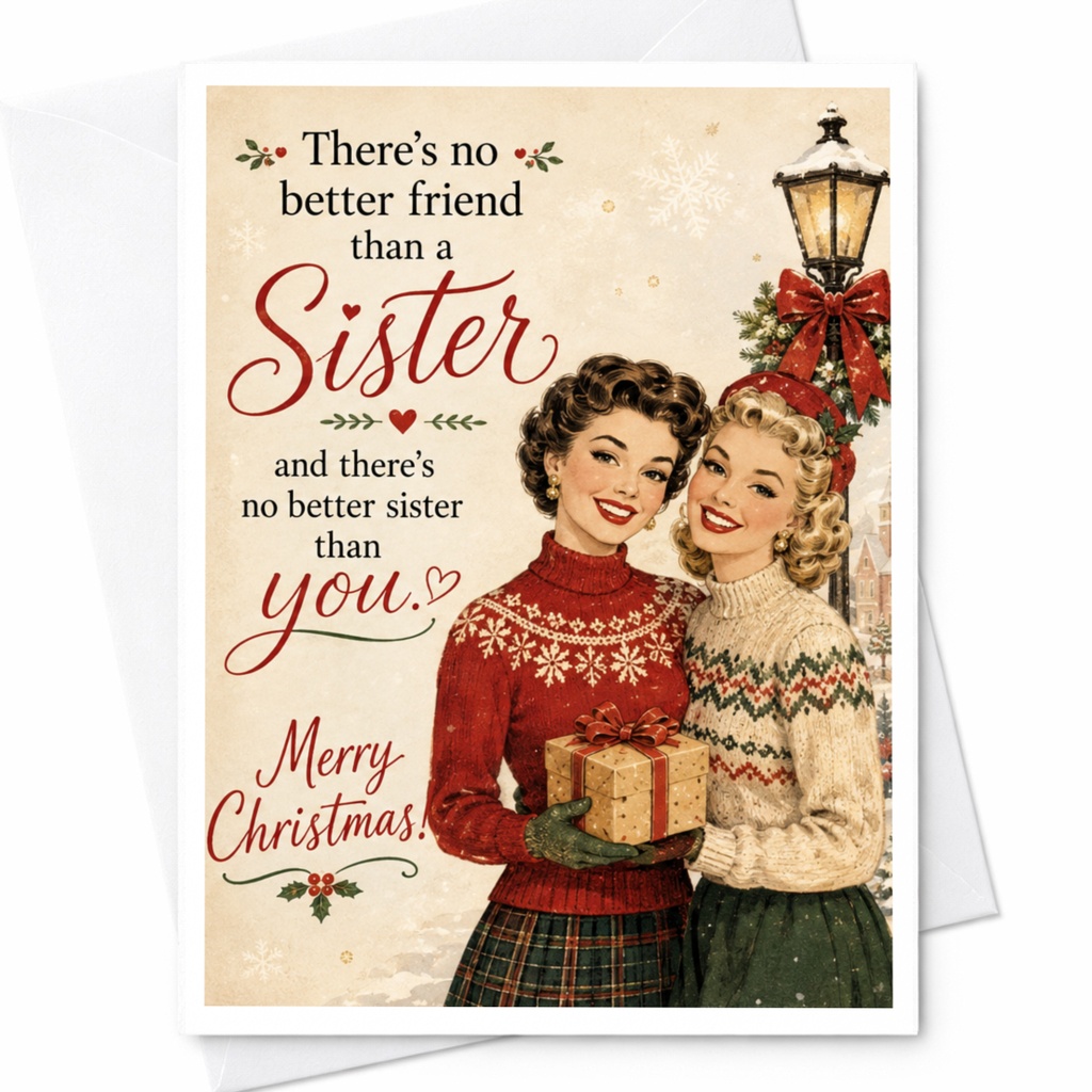 There's No Better Friend Than A Sister Merry Christmas Card For Sister Holiday Greeting Card Vintage Style Festive Card C6636
