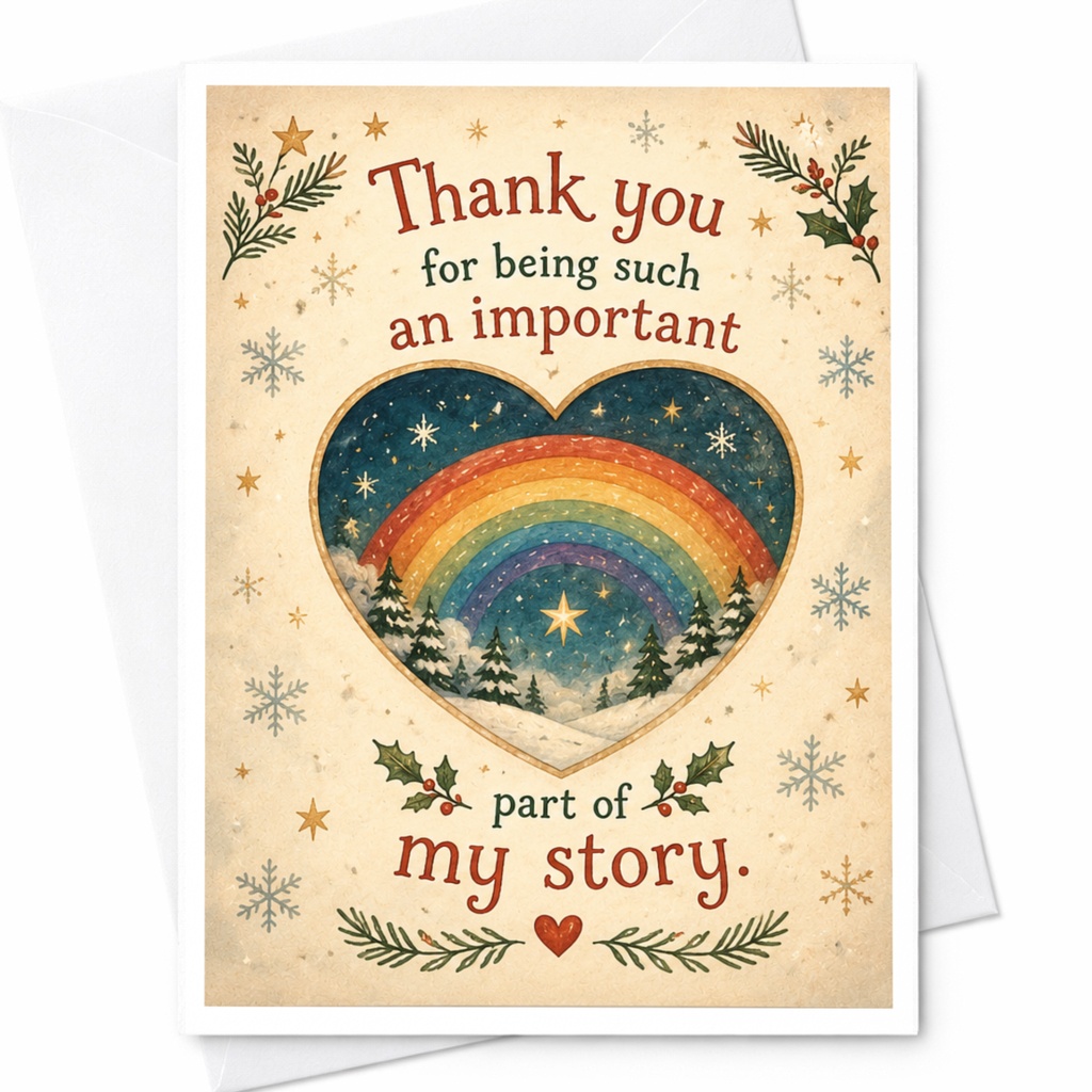 Thank You For Being Such An Important Part Of My Story Heart Rainbow Thank You Card Winter Scene Gratitude Card For Friend C6712