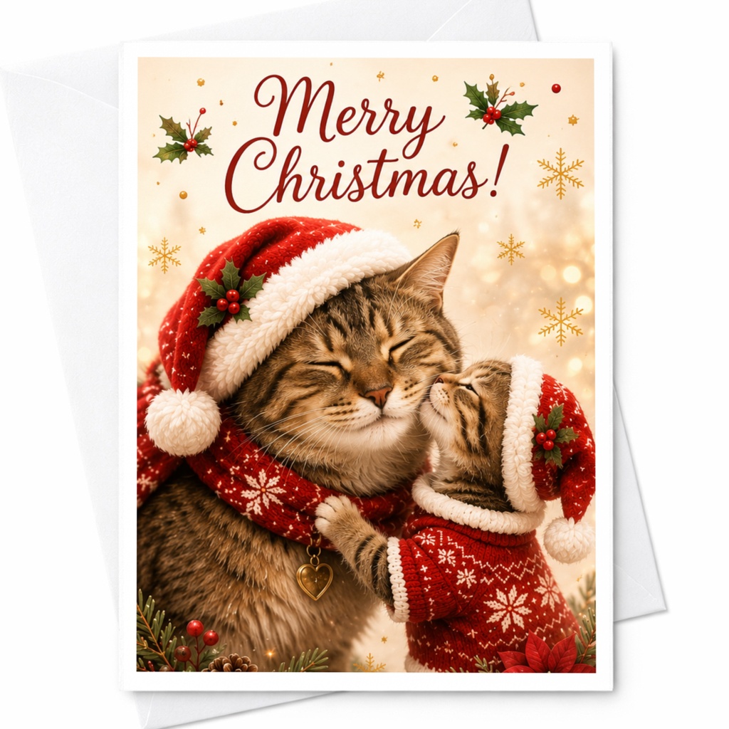 Merry Christmas! Cute Cat Christmas Card Festive Holiday Greeting Card For Cat Lover Adorable Cats In Santa Hats C6637