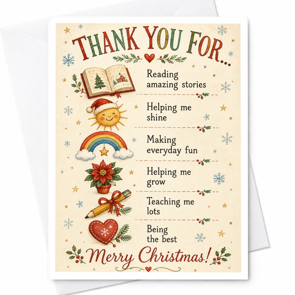 Thank You For... Merry Christmas Card Teacher Appreciation Holiday Greeting Card Festive For Teacher From Student C6714