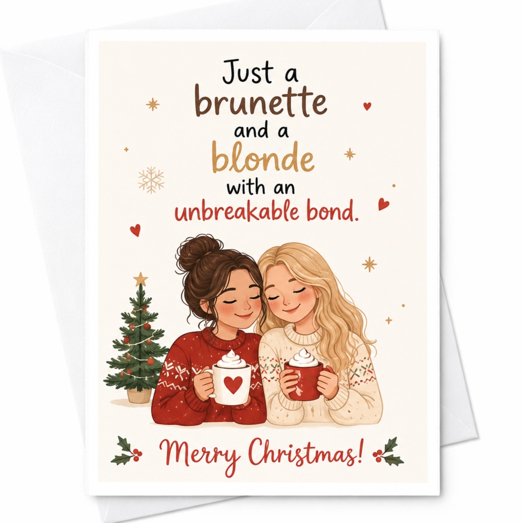Just A Brunette And A Blonde With An Unbreakable Bond Merry Christmas Card Cute Holiday Card For Friends Cozy Winter Greeting C6639