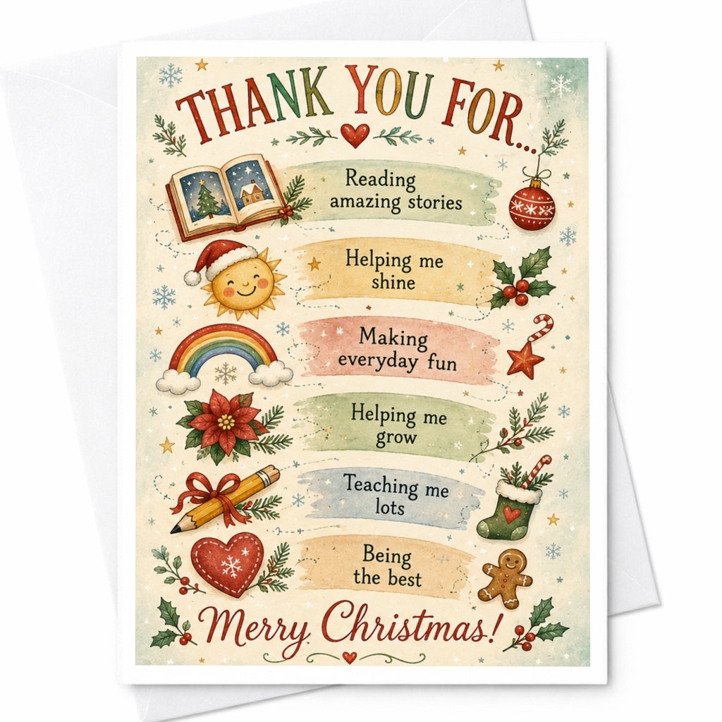 Thank You For... Merry Christmas Card Festive Holiday Greeting Card Teacher Appreciation Cute Christmas Card For Teacher C6715