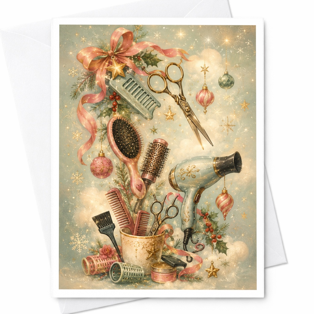 Vintage Hair Styling Tools Holiday Card Blank Greeting Card Christmas Hairdresser Gift Beauty Salon Decor C6717