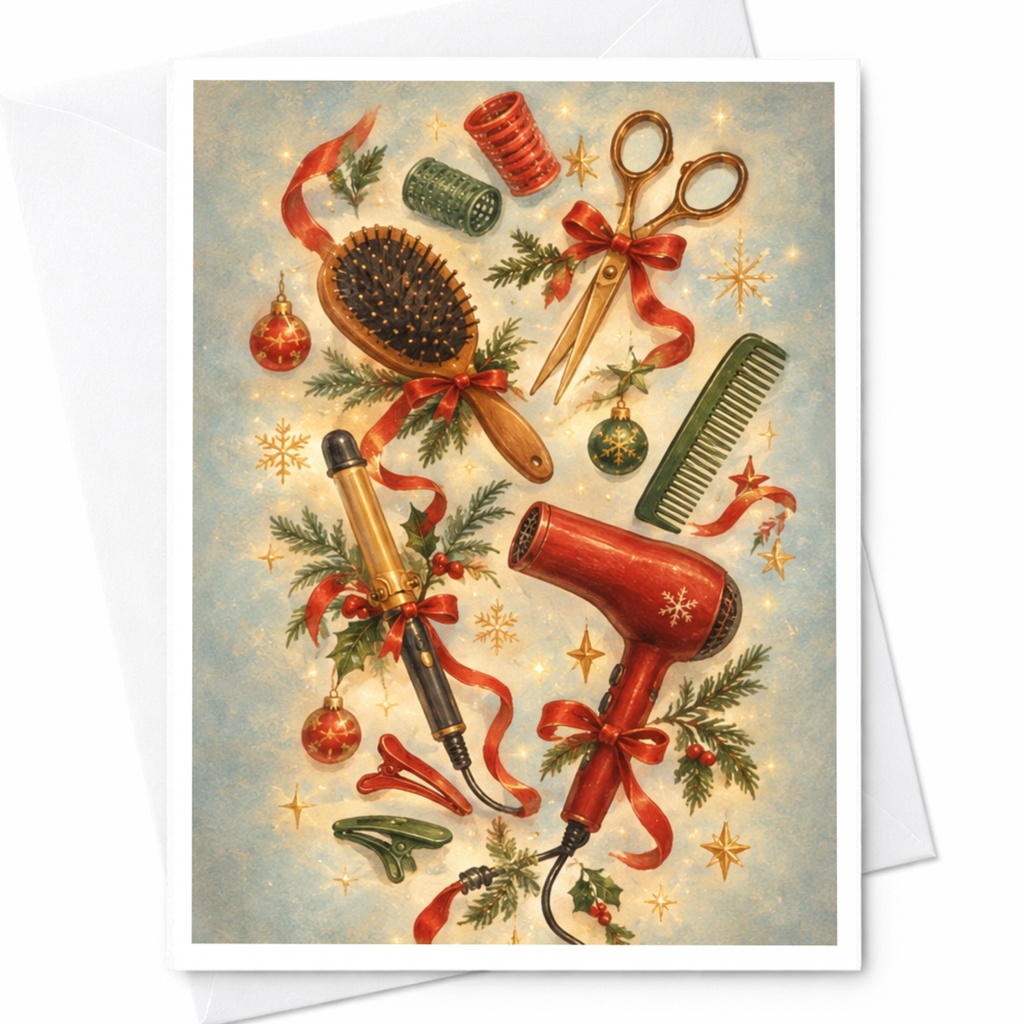 Hair Styling Tools Christmas Greeting Card Festive Holiday Card For Hairdresser Salon Lover Cute Seasonal Card C6719