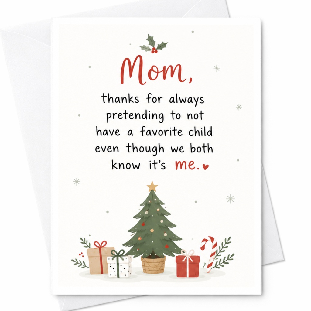 Mom, Thanks For Always Pretending To Not Have A Favorite Child Even Though We Both Know It’s Me. Funny Christmas Card From Daughte C6644