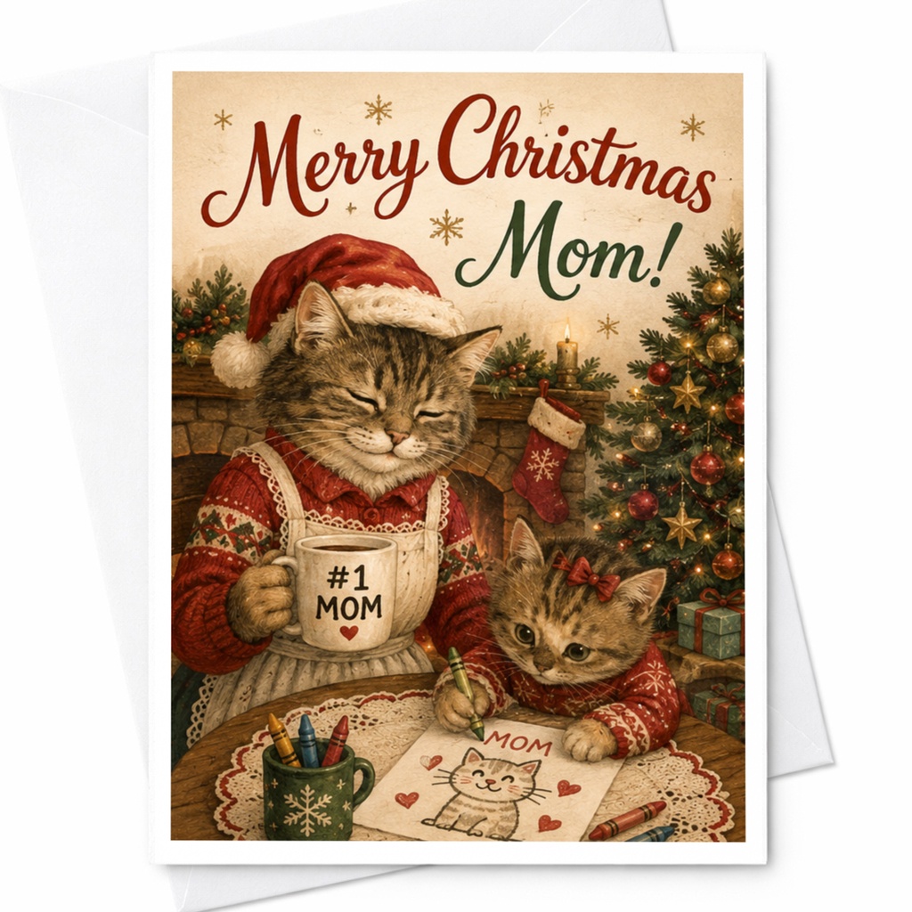 Merry Christmas Mom! Cute Cat Christmas Card For Mom Festive Holiday Greeting Card #1 Mom Cat Lover Xmas Card C6649
