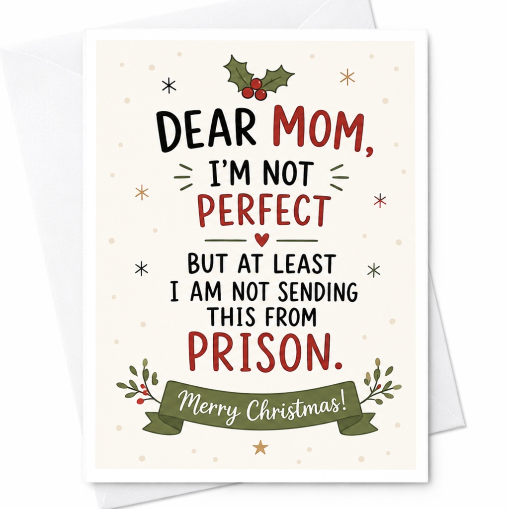 Dear Mom, I'm Not Perfect But At Least I Am Not Sending This From Prison. Merry Christmas! Funny Christmas Card For Mom H C6652
