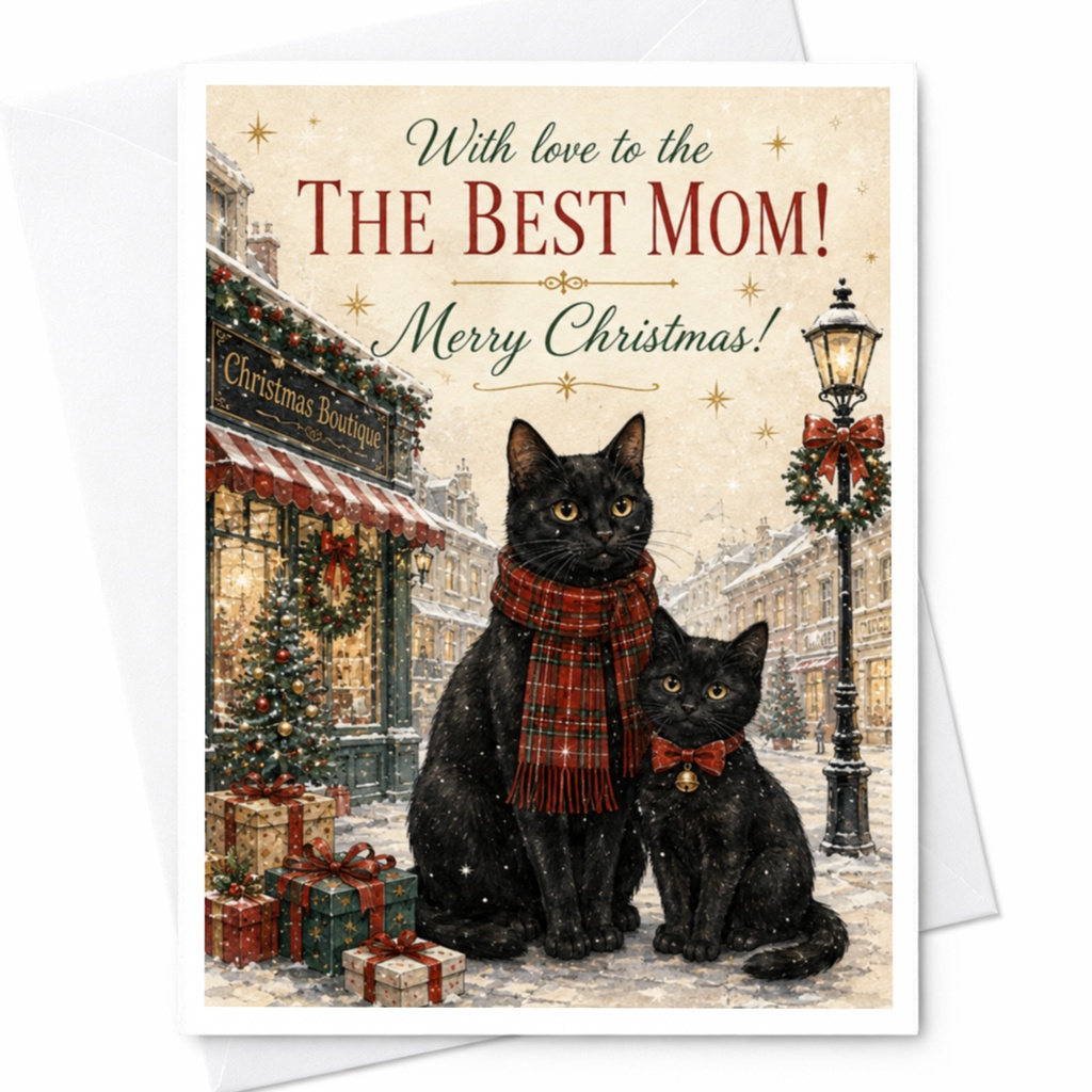 With Love To The The Best Mom! Merry Christmas Card For Mom Cute Cat Holiday Greeting Card Festive Xmas Card For Cat Lover C6656