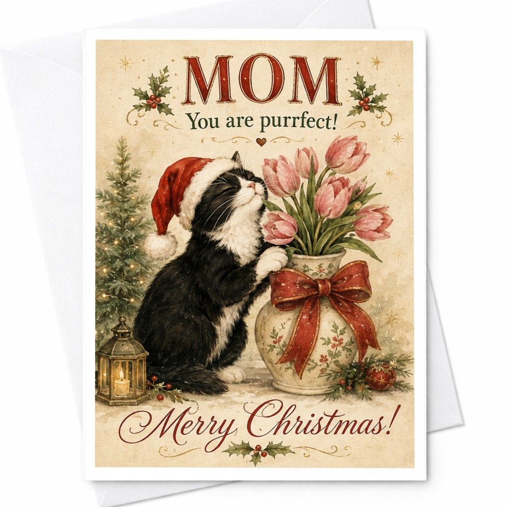 Mom You Are Purrfect! Merry Christmas! Cute Cat Christmas Card For Mom Holiday Greeting Card Festive Cat Lover Card C6657