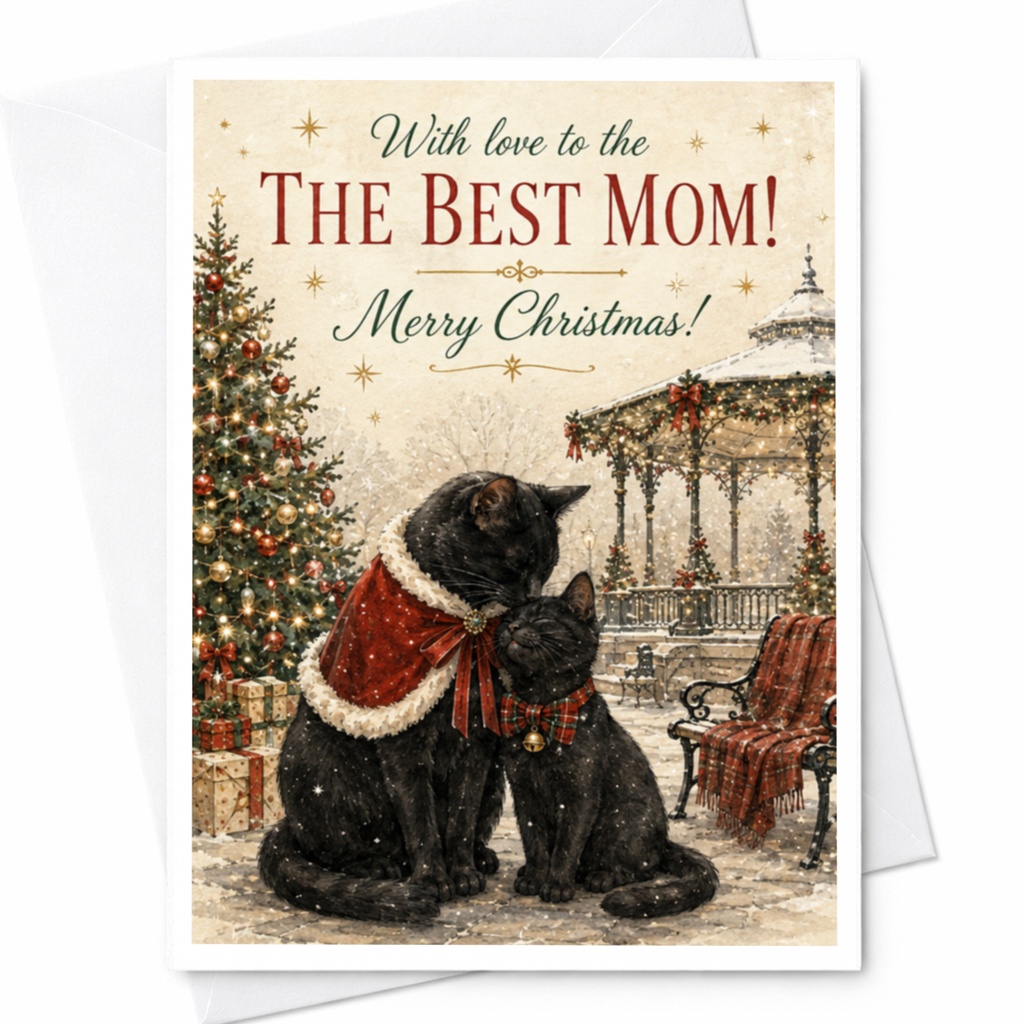 With Love To The The Best Mom! Merry Christmas Card Cute Cats Holiday Greeting Card For Mom Festive Winter Scene C6721