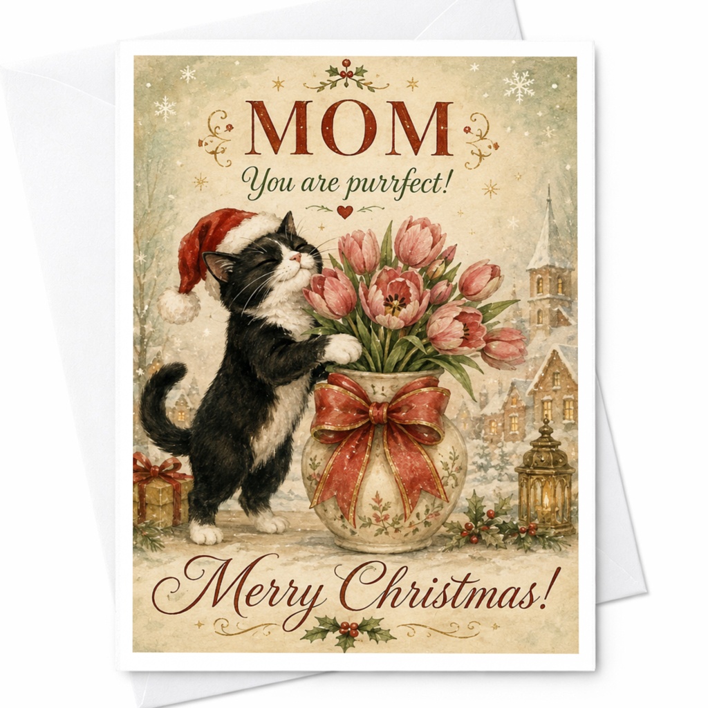 Mom You Are Purrfect! Merry Christmas! Cute Cat Christmas Card For Mom Holiday Greeting Card Festive Cat Lover Card C6658