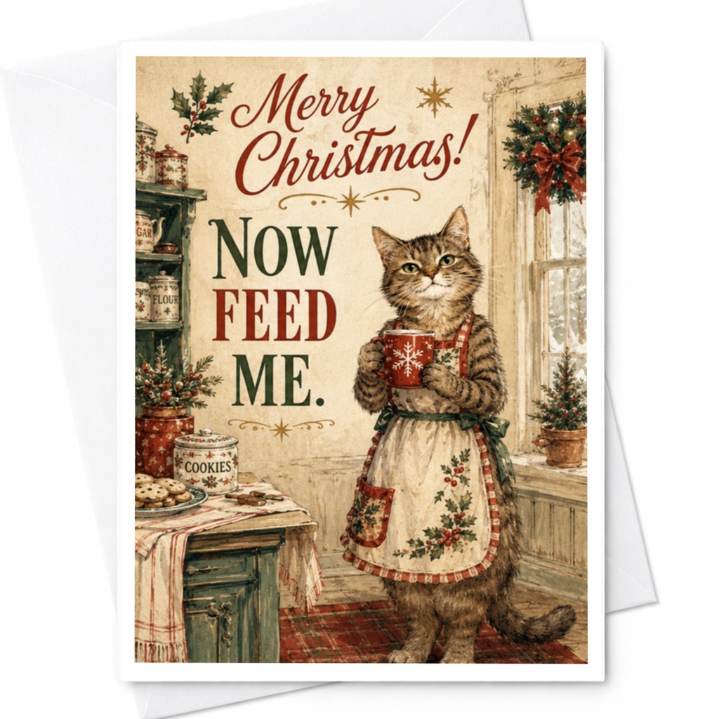 Merry Christmas! Now Feed Me. Funny Cat Christmas Card Cute Holiday Greeting Card For Cat Lover Festive Animal Card C6659