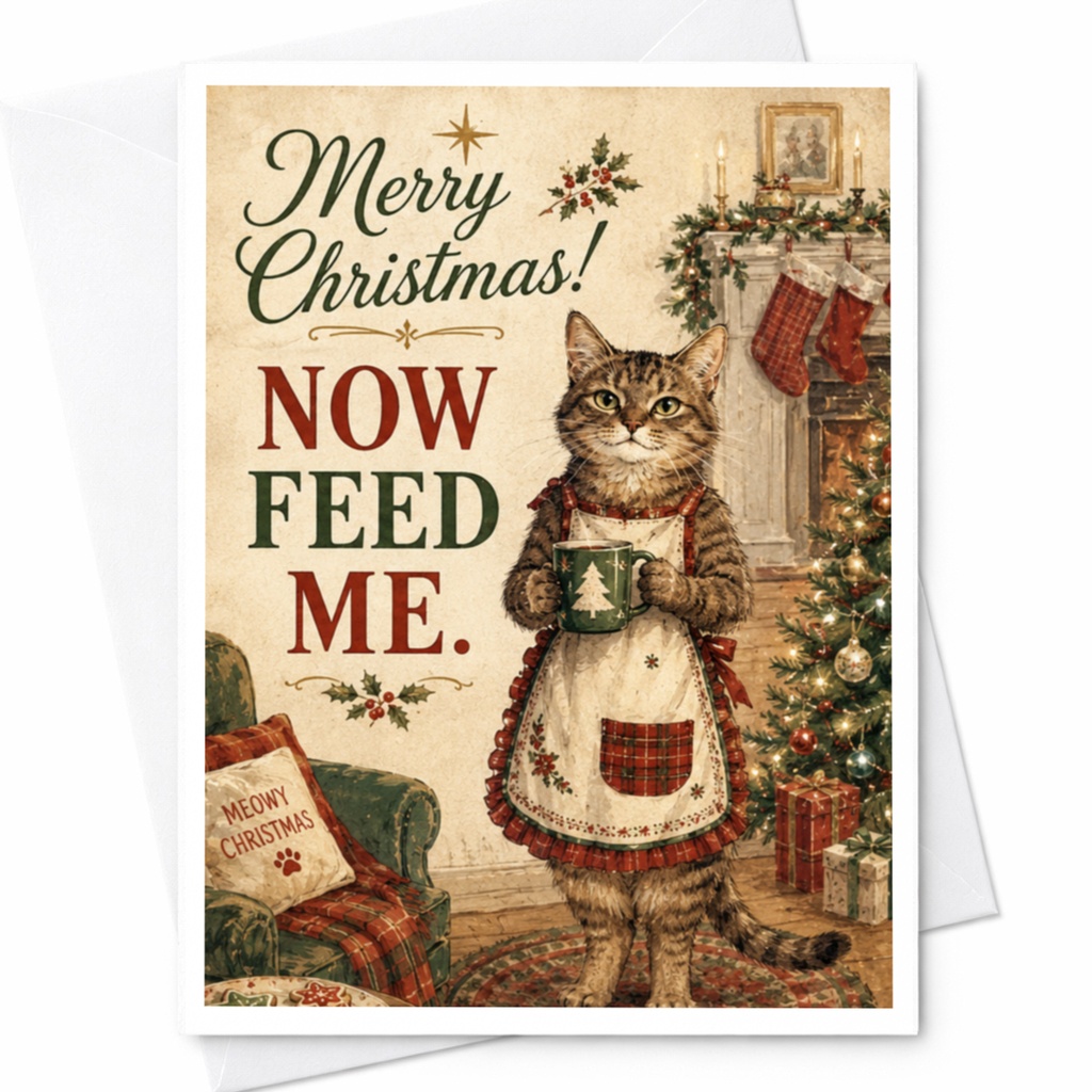 Merry Christmas! Now Feed Me. Funny Cat Christmas Card Cute Holiday Greeting Card For Cat Lover Animal Lover Xmas Card C6660