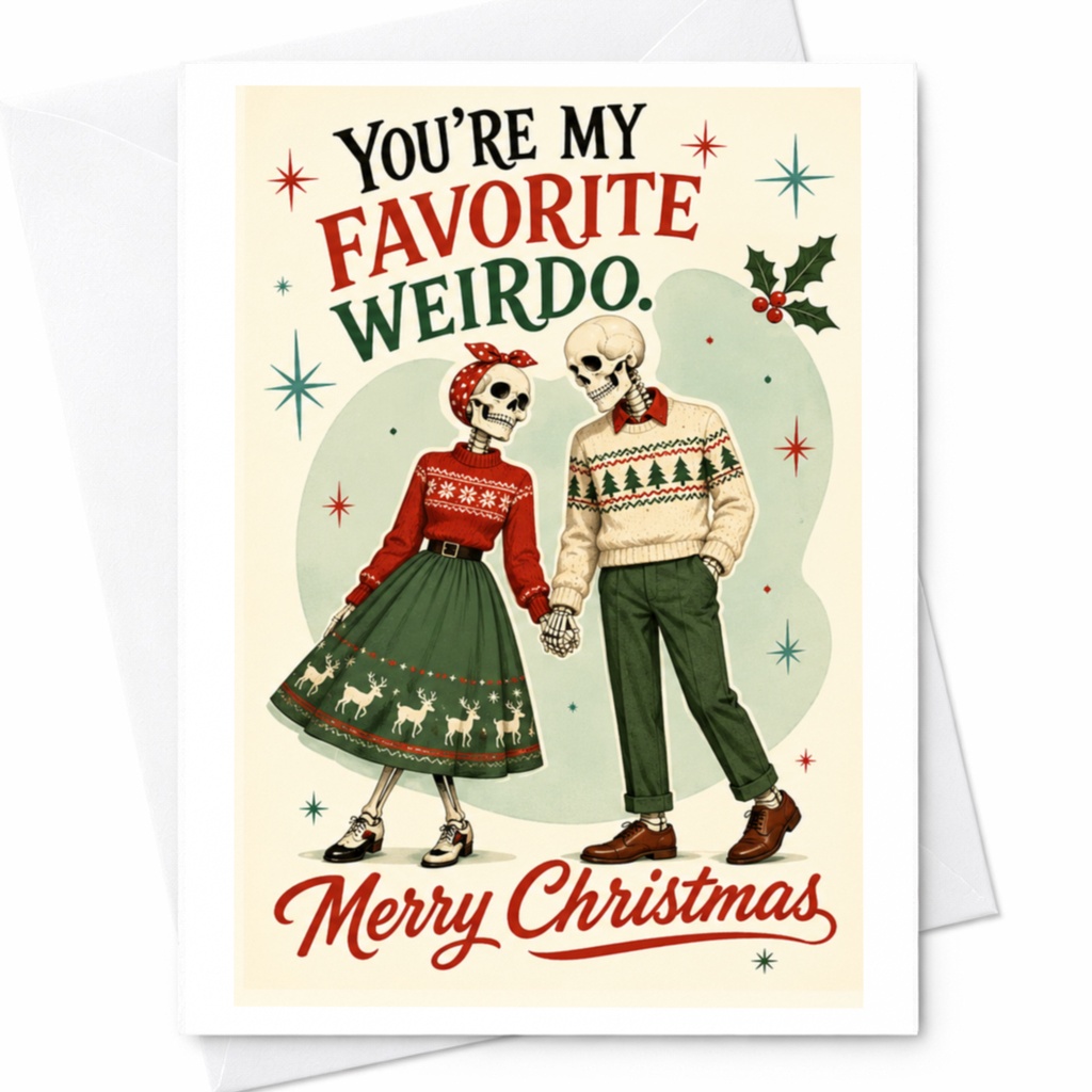 You're My Favorite Weirdo. Merry Christmas Card Funny Skeleton Couple Holiday Greeting Card For Partner Cute Xmas Card C6666