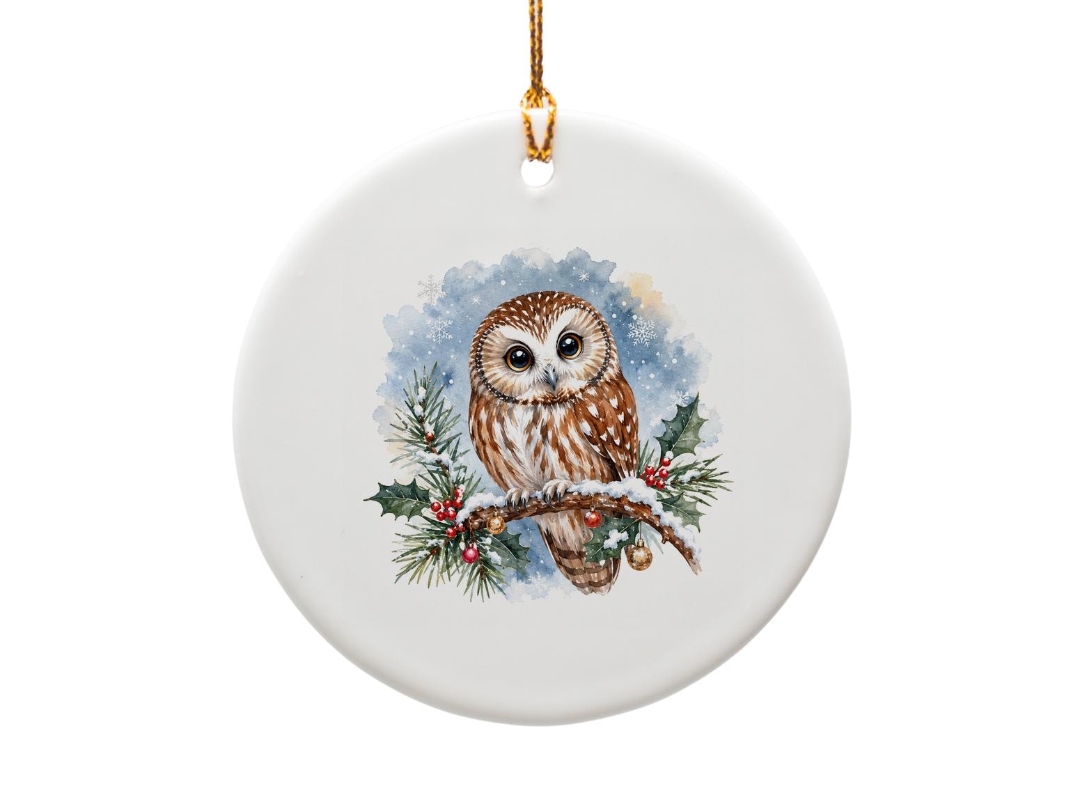 Watercolor Owl Christmas Ornament Holiday Decor Winter Wildlife Ornament Nature Lover Gift Snowy Branch Decoration O1603