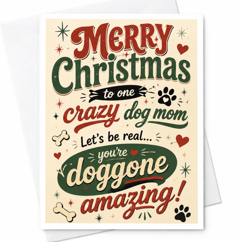 Merry Christmas To One Crazy Dog Mom Christmas Card Funny Dog Lover Holiday Card For Her Cute Pet Mom Greeting Card C6681