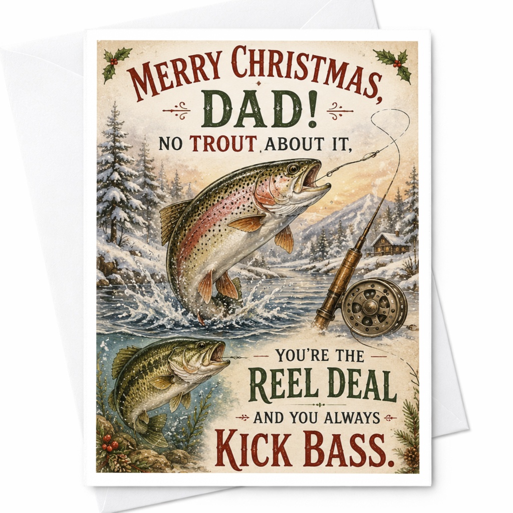 Merry Christmas Dad! No Trout About It You're The Reel Deal Funny Fishing Christmas Card For Dad From Kids C6691