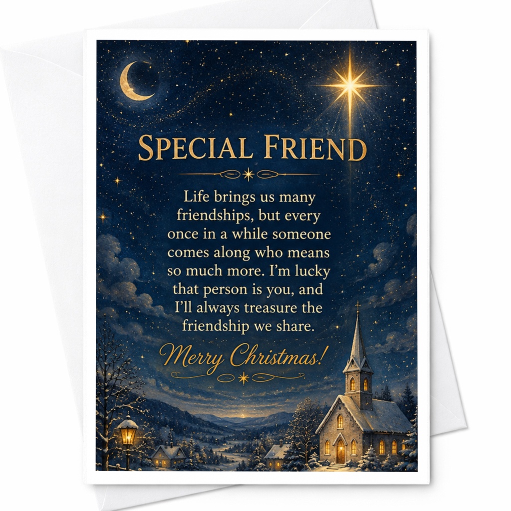 Special Friend Merry Christmas! Holiday Card For Friend Starry Night Scene Winter Church Scenic Greeting Card C6694