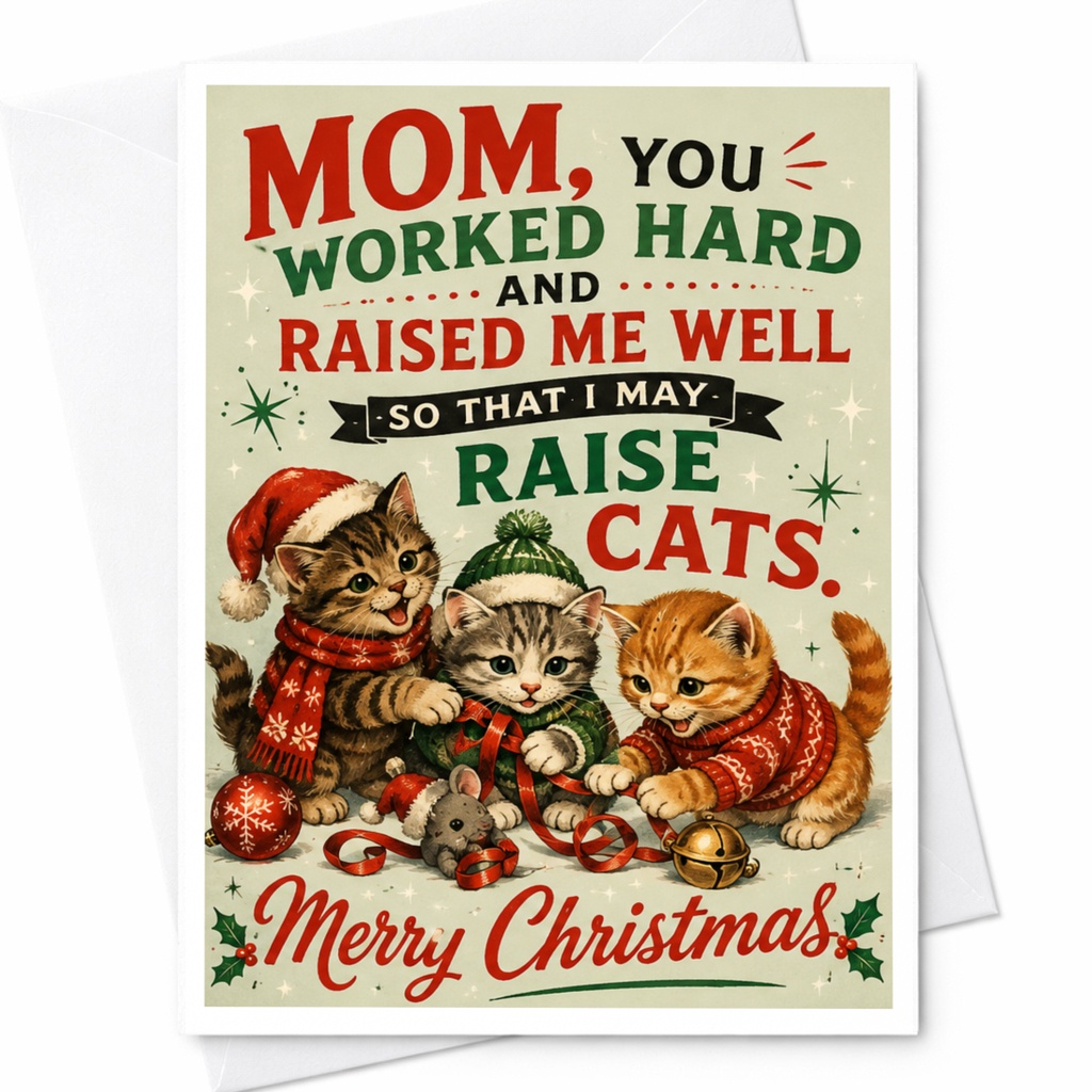 Mom, You Worked Hard And Raised Me Well So That I May Raise Cats Christmas Card For Mom Cute Cat Lover Holiday Greeting Card C6705