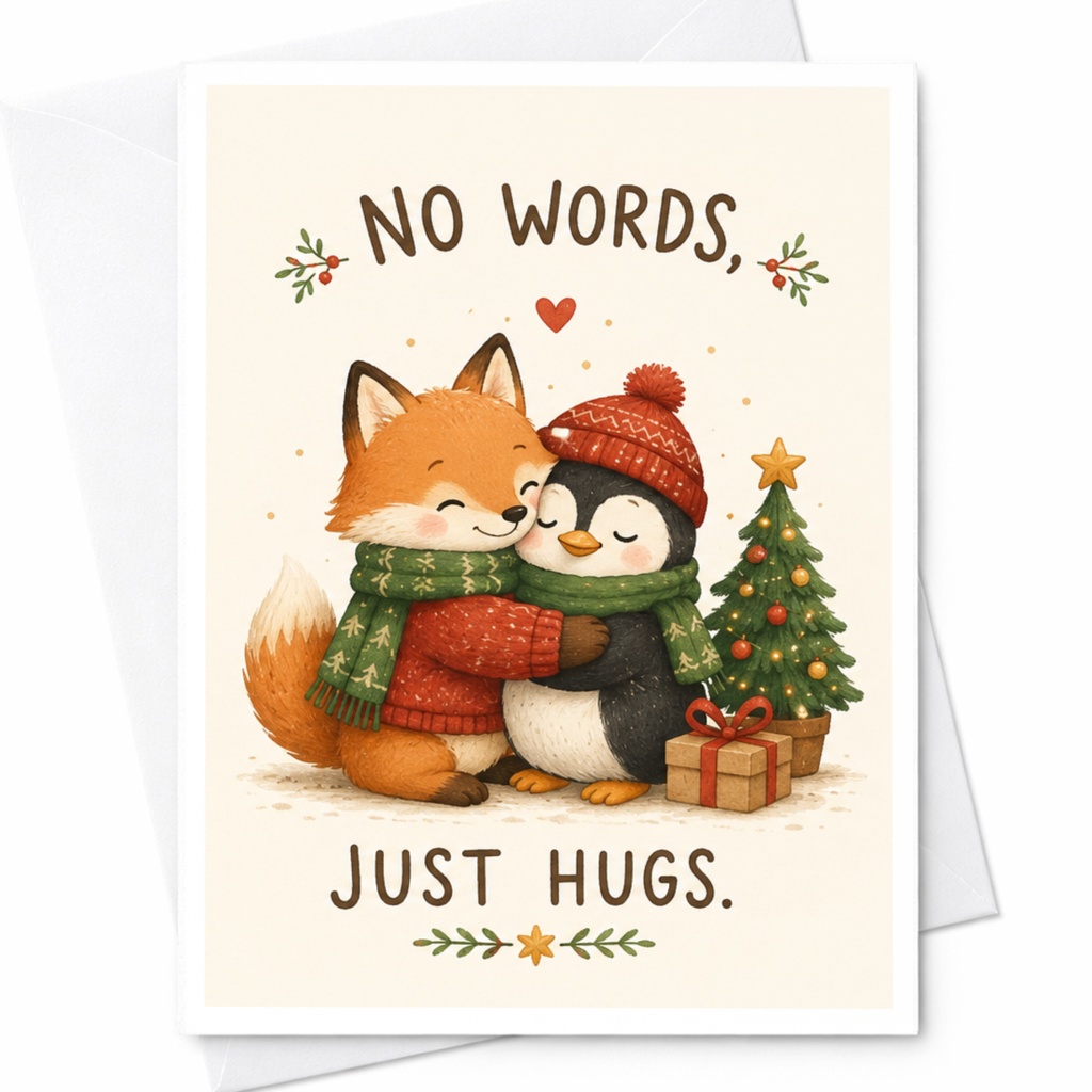 No Words, Just Hugs. Cute Christmas Card Fox Penguin Hugging Holiday Greeting Card For Friend Family Adorable Animal Card C6707