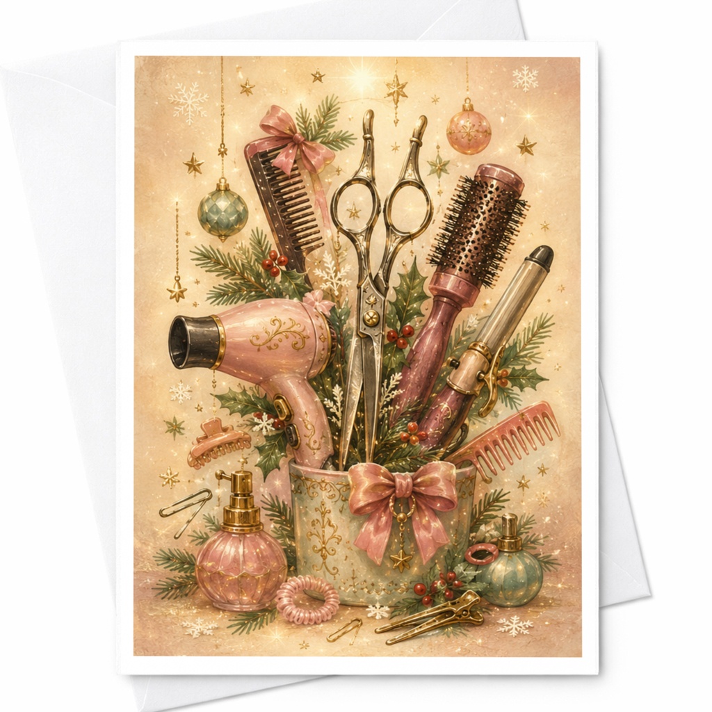 Vintage Hair Styling Tools Card Blank Greeting Card For Hairdresser Christmas Holiday Card Festive Salon Decor C6716