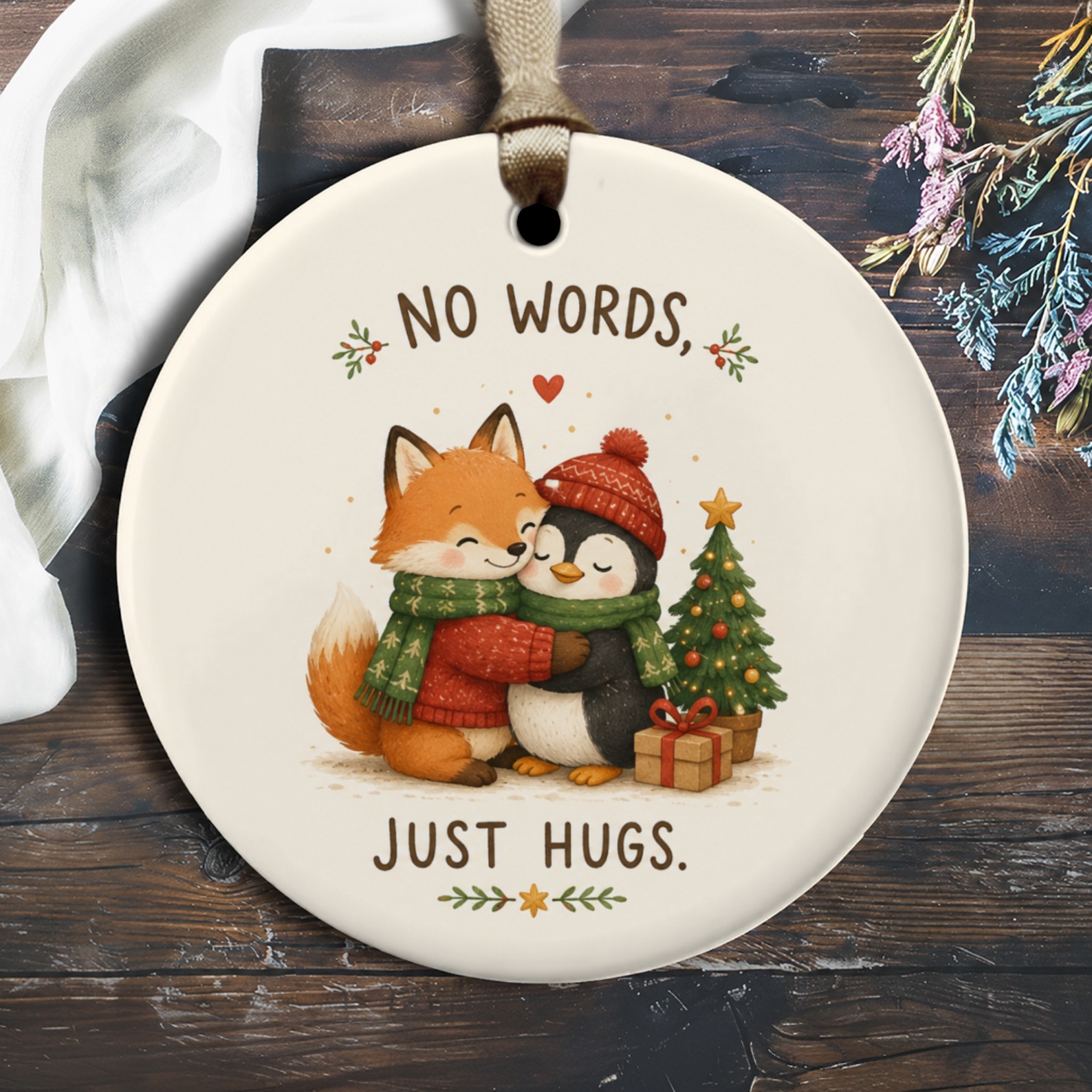 No Words, Just Hugs. Cute Christmas Ornament Fox Penguin Hug Holiday Decor Winter Gift For Animal Lover Adorable Tree Decoration O2365