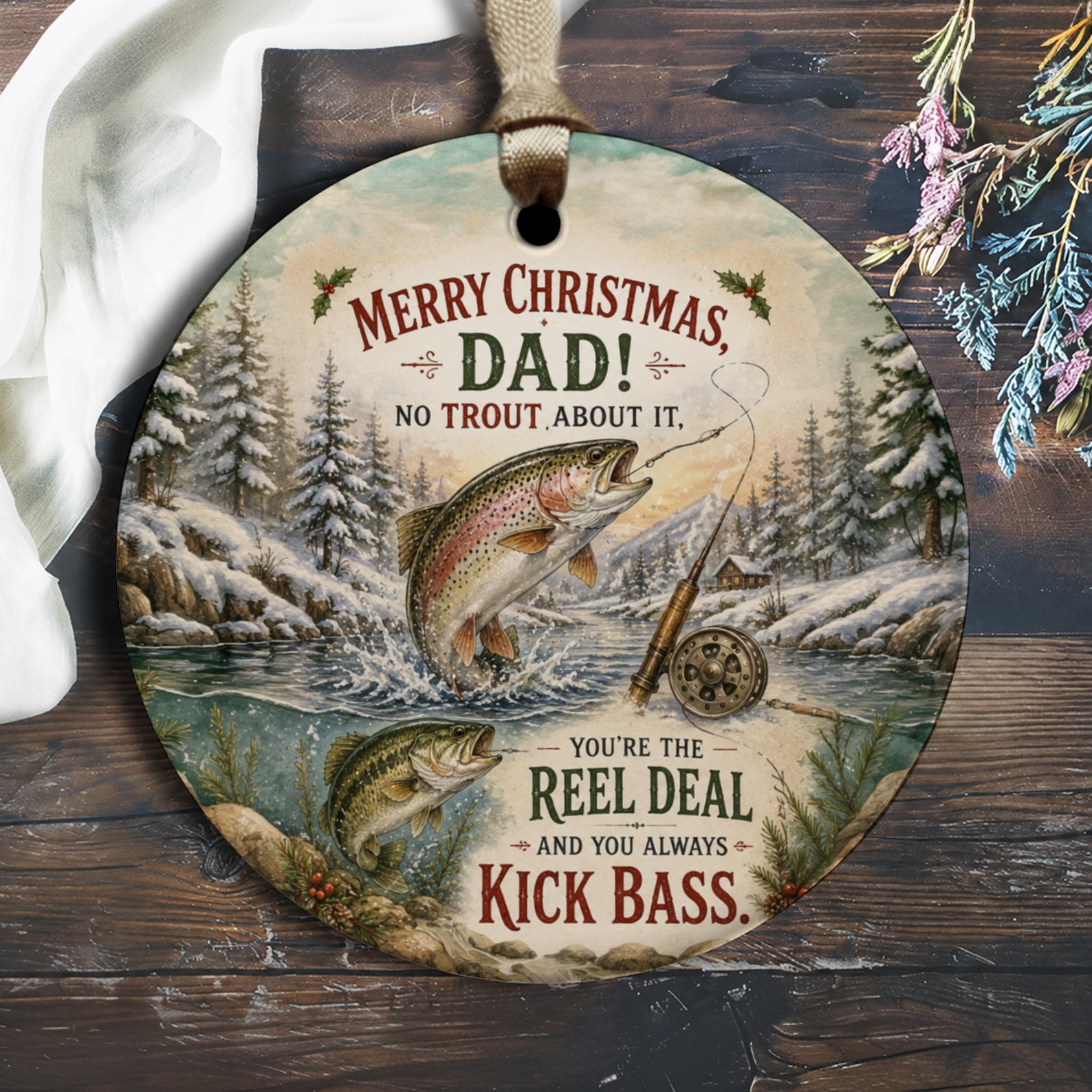 Merry Christmas Dad Ornament Fishing Scene No Trout About It Reel Deal Kick Bass Holiday Gift For Fisherman O2381