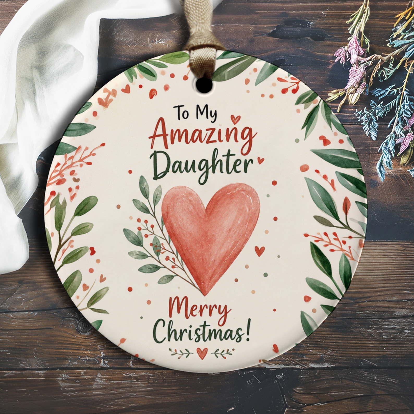 To My Amazing Daughter Merry Christmas Ornament Heart Floral Accents Holiday Decoration Gift For Her Festive Keepsake O2406