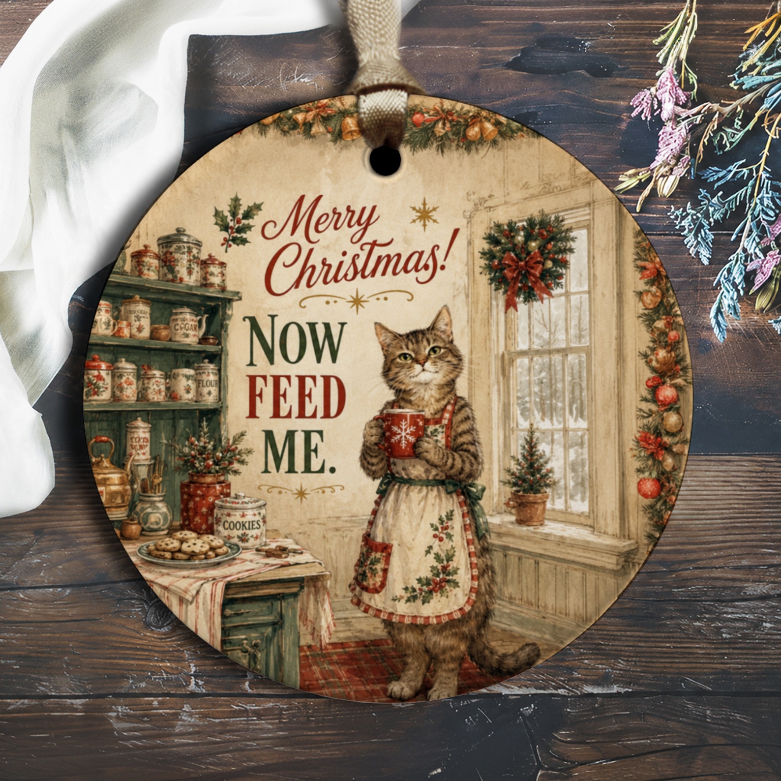Merry Christmas! Now Feed Me. Funny Cat Christmas Ornament Holiday Decor Cute Animal Lover Gift Festive Home Decoration O2410