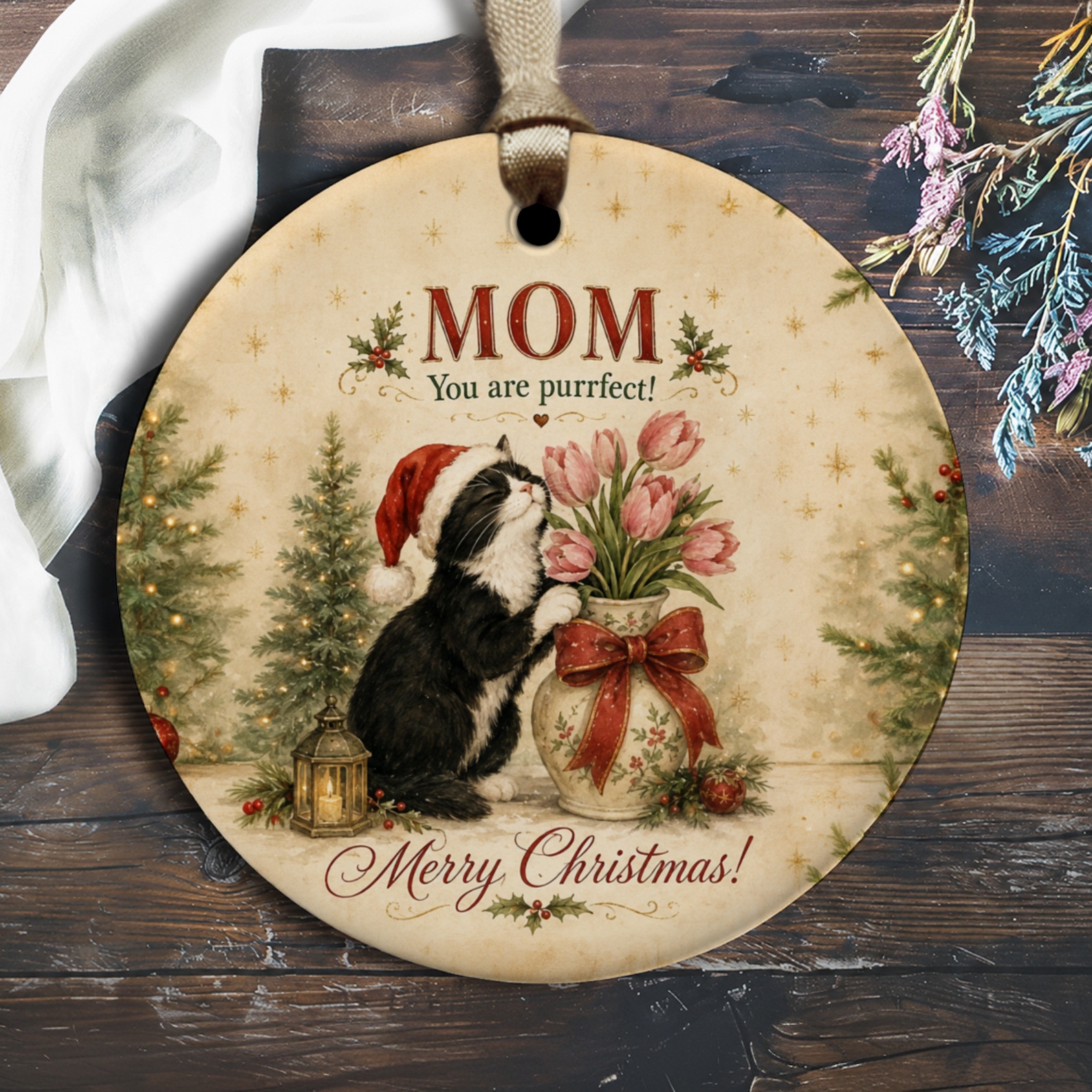 Mom You Are Purrfect! Merry Christmas Ornament Cat With Flowers Holiday Decor Gift For Mom Cute Christmas Ornament O2412
